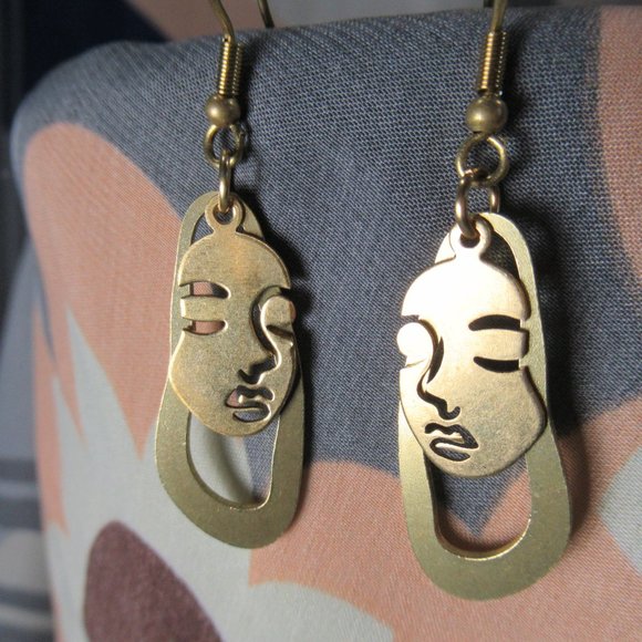 Dreaming Face Earrings, Abstract Halo Golden Brass - Picture 2 of 5